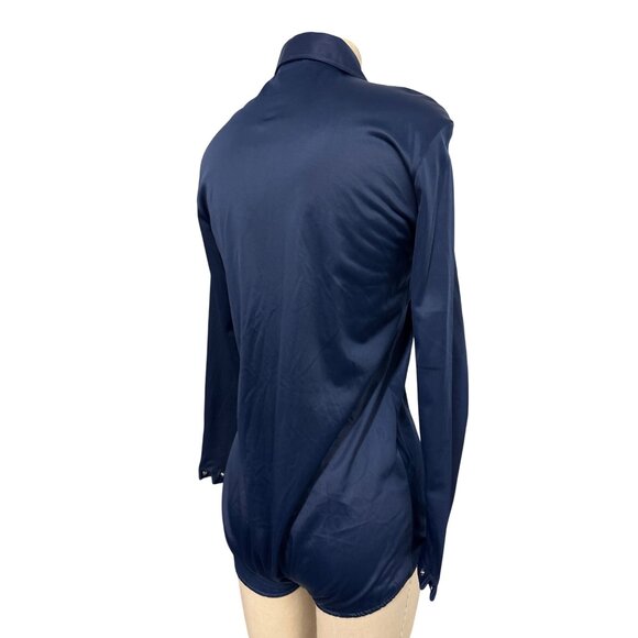 Vintage Blue Swan Nylon Satinette Button-Up Shirt Bodysuit With Pointed Collar L - Picture 9 of 13
